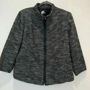 Eileen Fisher Black White Linen‎ Tweed Leather Trim Zip Front Jacket Size L